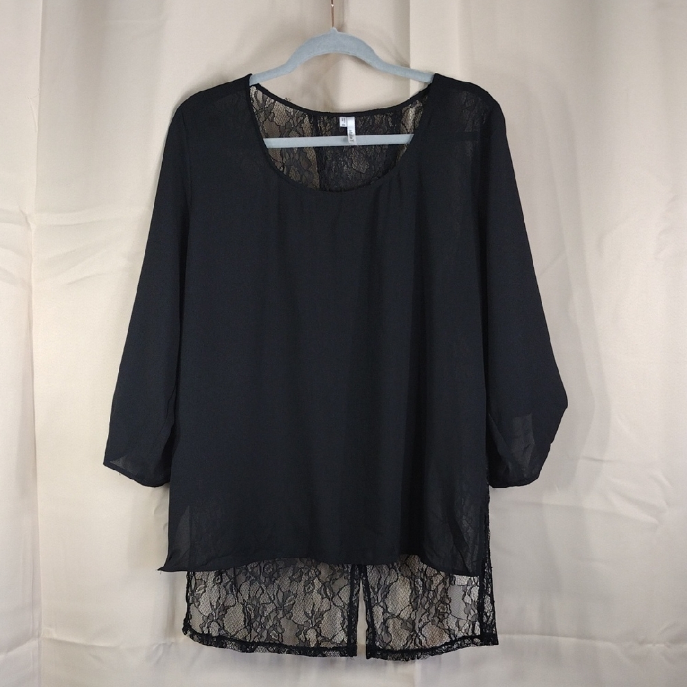 Studio Y Plus Size Flowy Business Casual Black Lace 3/4 Sleeve Formal Blouse